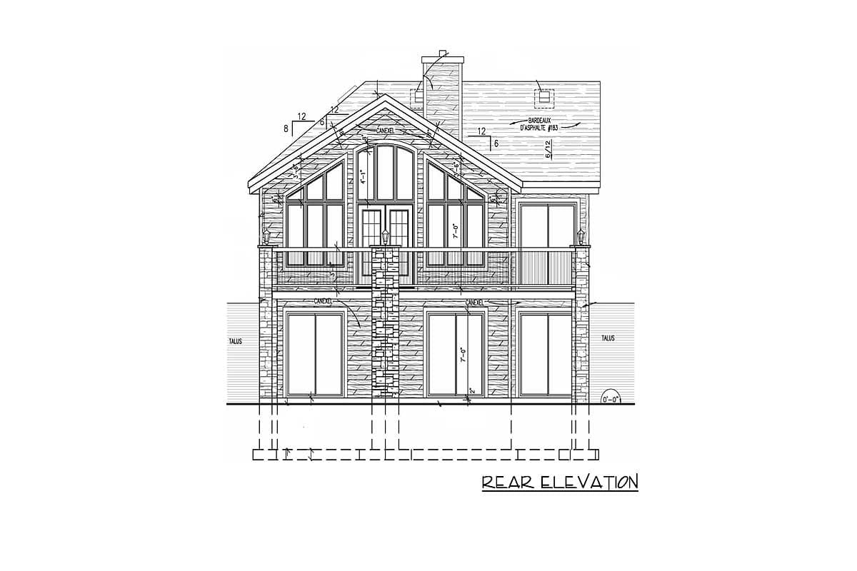 Rear elevation drawing showing a two-story house plan with a gabled roof, stone accents, and balconies.