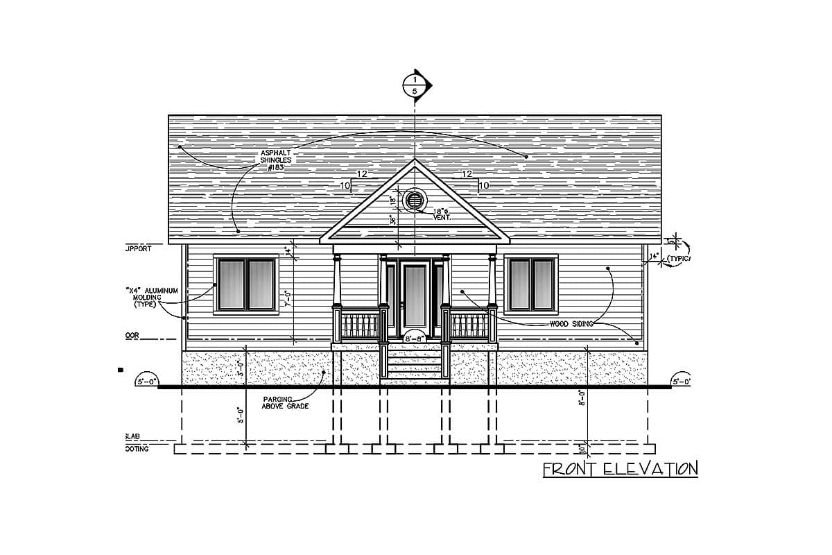 Front elevation house plan showing wood siding, a covered front porch with columns, and a gable roof with a decorative vent.
