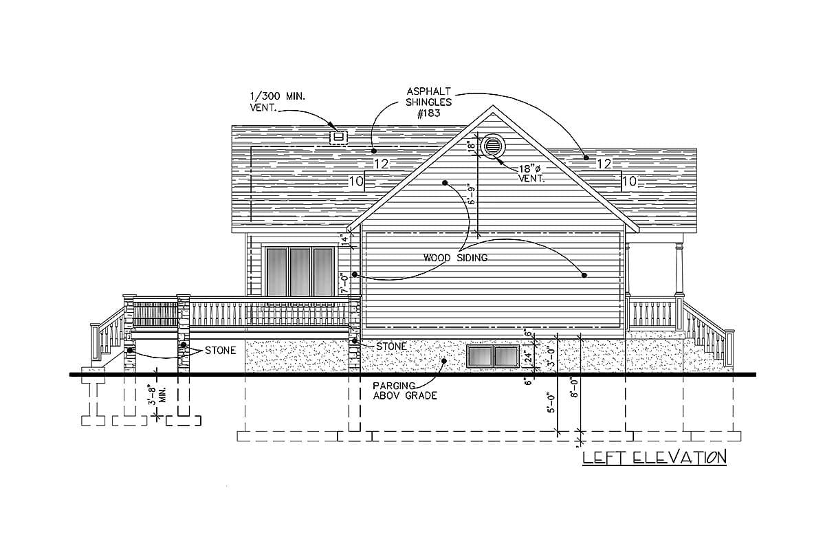 Left elevation house plan showing wood siding, stone foundation, deck, gabled roof with asphalt shingles, and vents.