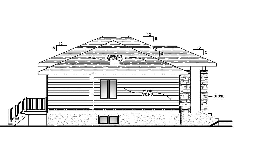 House plan side elevation shows wood siding, asphalt shingles, stone accents, stairs, and two windows.
