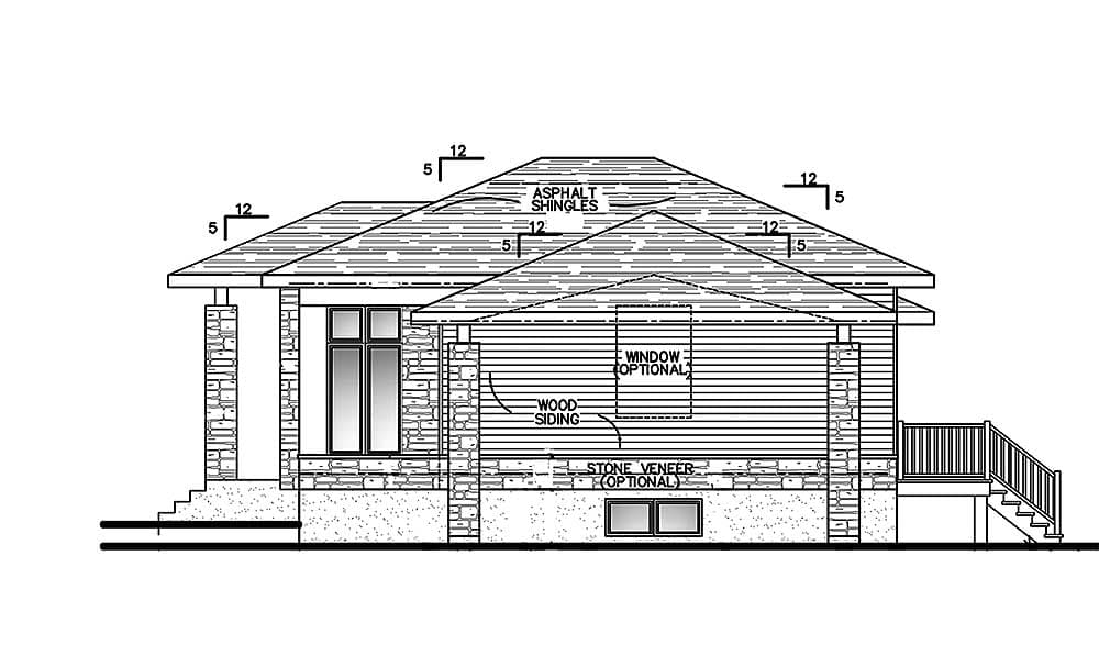 House plan exterior with wood siding, stone veneer base, asphalt shingles, and a side porch with stairs.