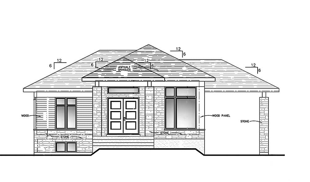 Front elevation of a house plan featuring wood paneling, stone accents, asphalt shingle roof, and a covered porch with stone columns.