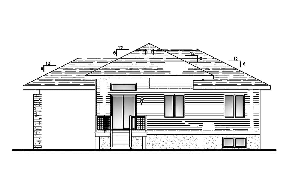 House plan exterior: Ranch style, one story, with a covered porch, gables, and dormers.