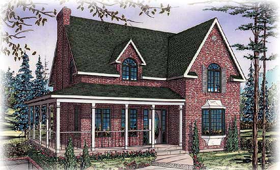 House plan exterior: two-story brick home with wrap-around porch, dormer, and bay window.
