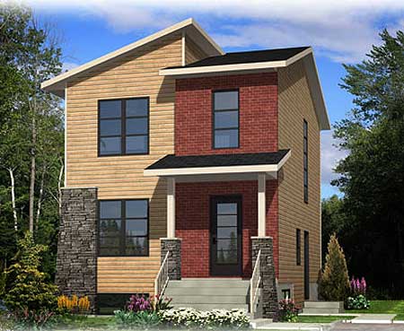 Two-story modern house plan exterior with asymmetrical gables, wood siding, brick facade, and stone accents.