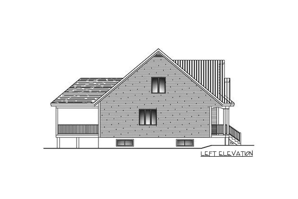 Left elevation drawing of a house plan featuring a gabled roof, covered porch, and multiple windows.