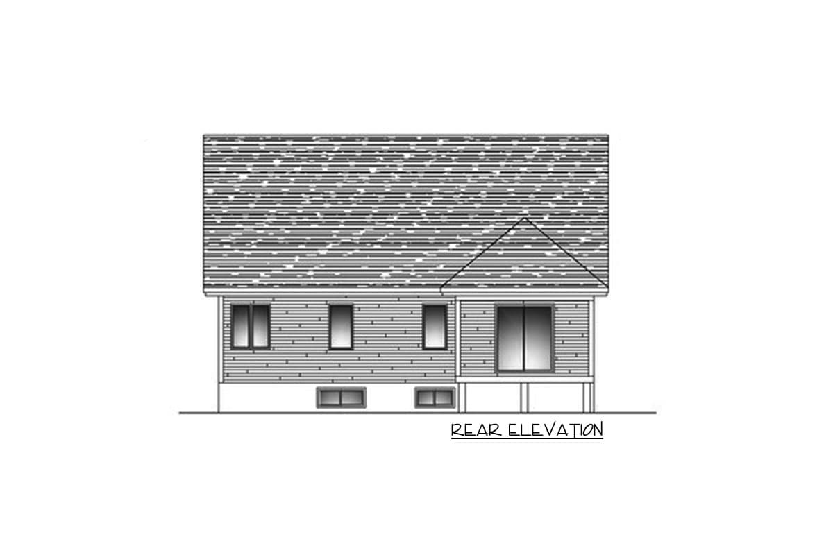 Rear elevation drawing of a house plan showing horizontal siding, multiple windows, and a prominent roofline.