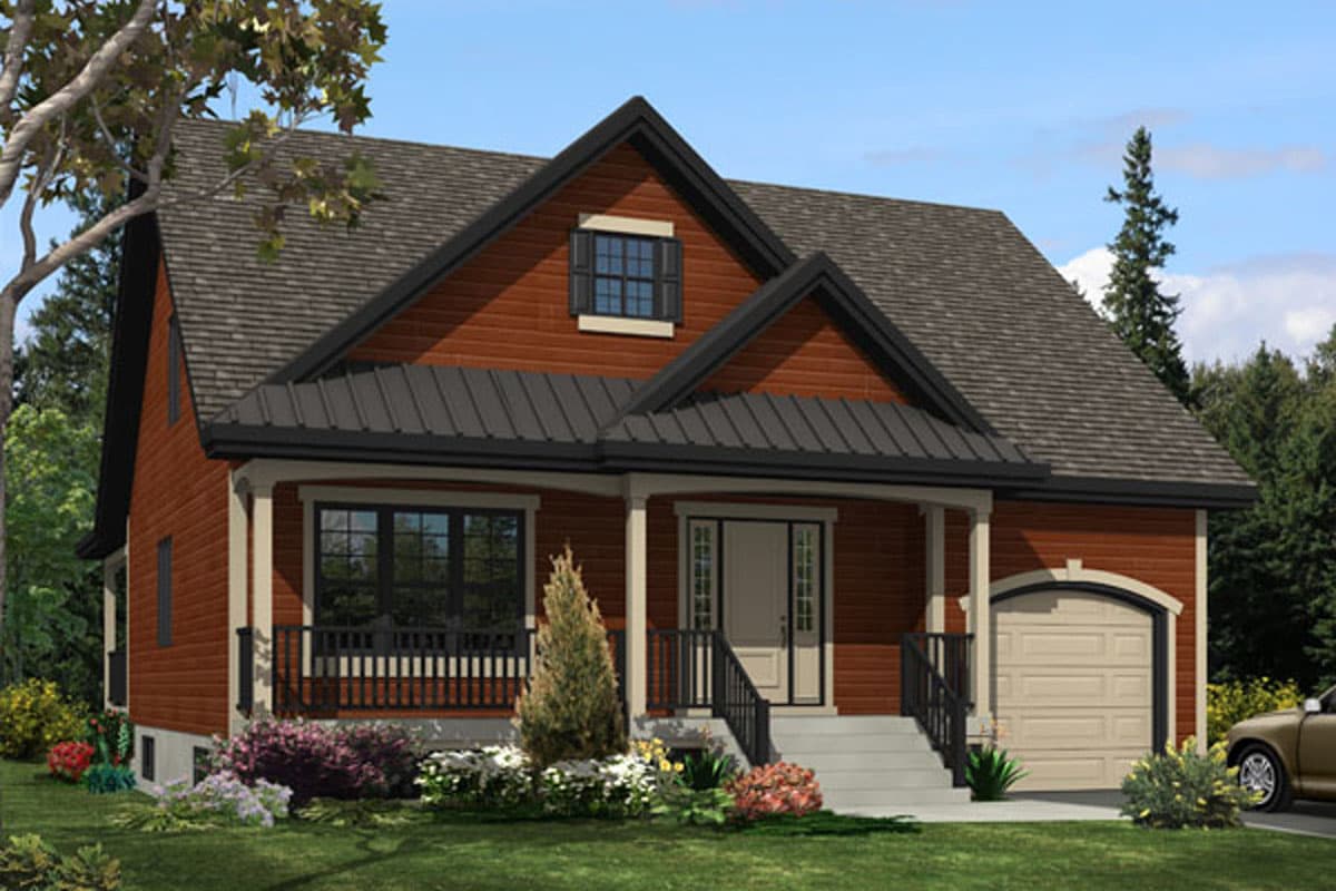 House plan exterior of a two-story home with a covered front porch, gables, and an attached side garage.