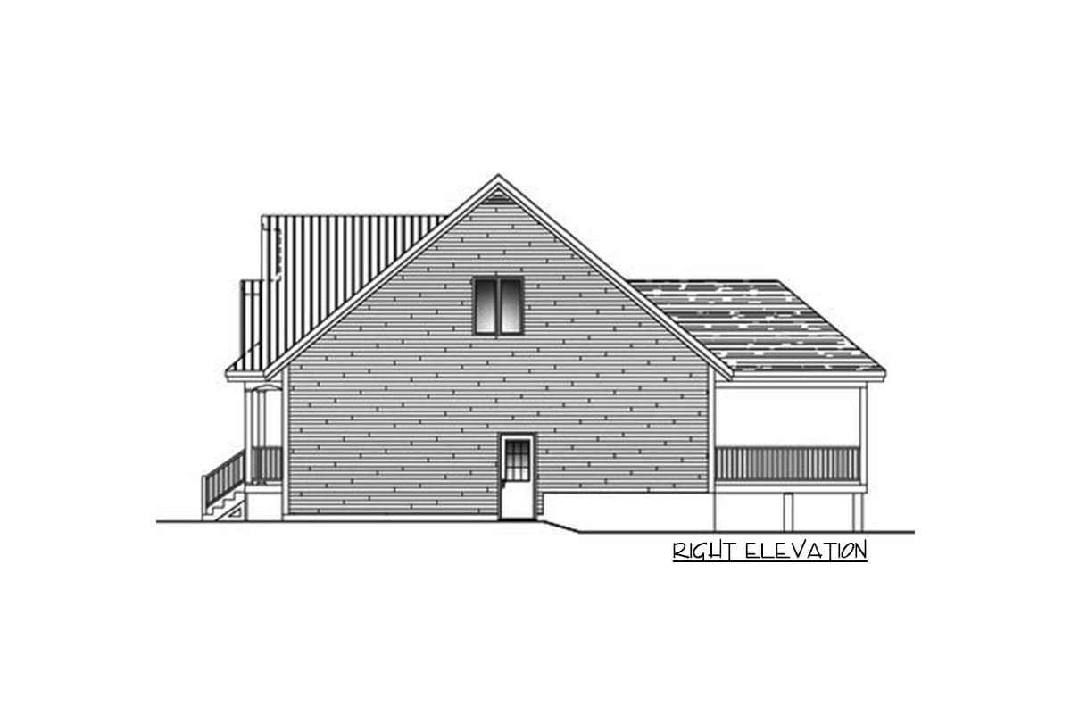 Right elevation house plan showing a gabled roof, horizontal siding, a covered porch, and a small window in the gable.