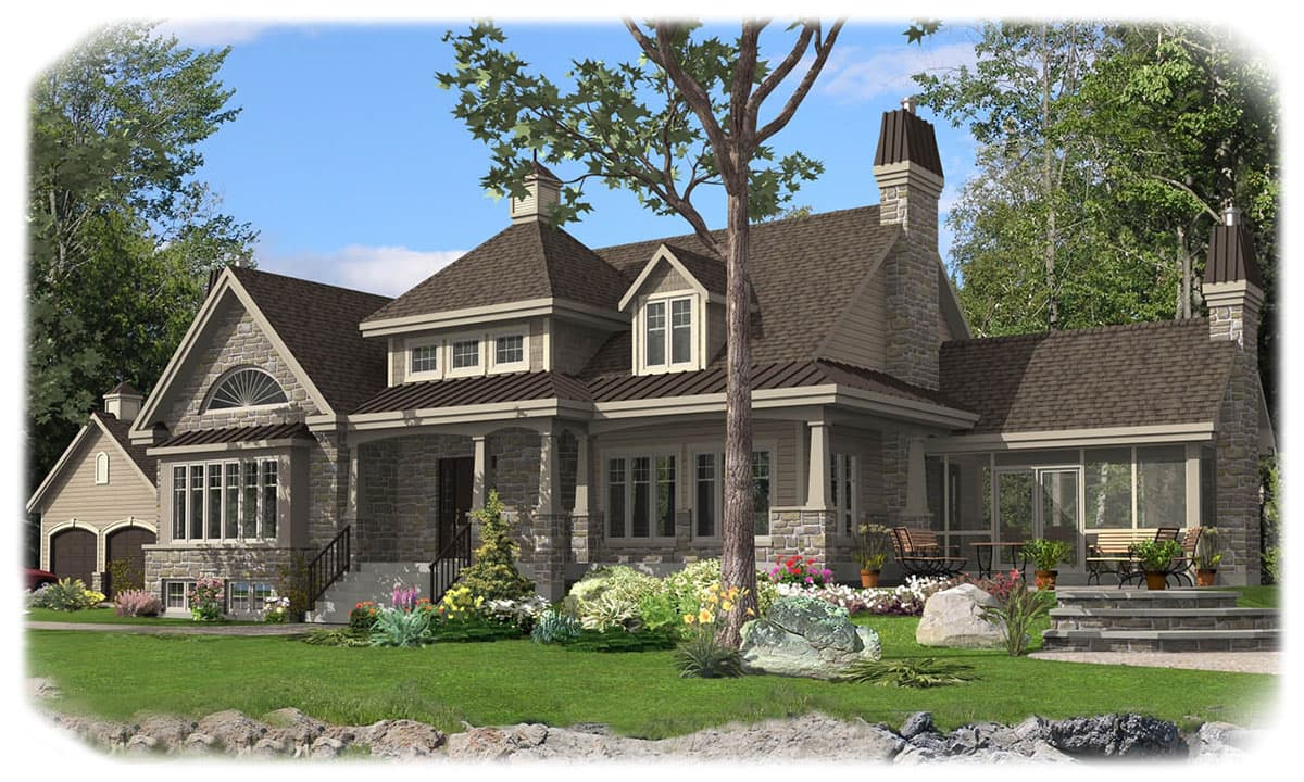 House plan exterior, two-story, stone and siding, with prominent gables, dormers, and a wraparound porch.
