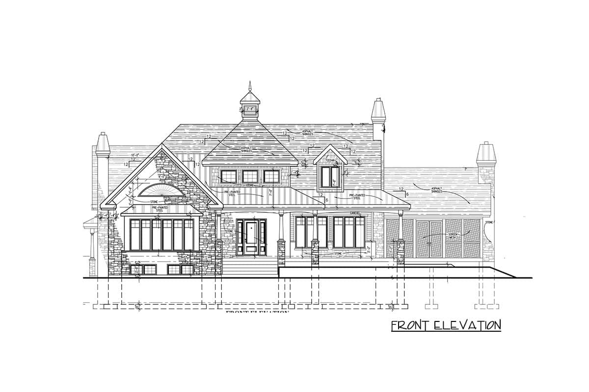 Front elevation architectural drawing of a two-story house plan with stone facade, prominent gables, and covered porch.
