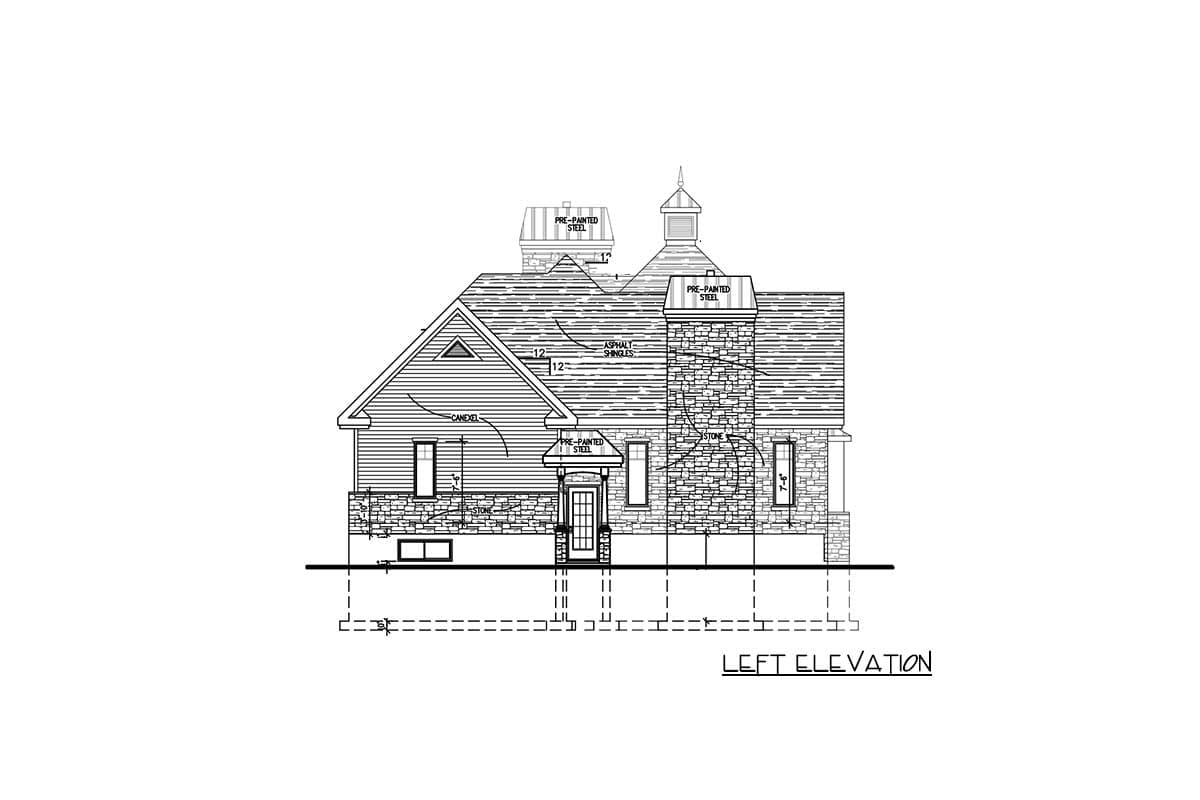 Left elevation house plan drawing of a two-story house with gabled roof, stone chimney, and Canexel siding.