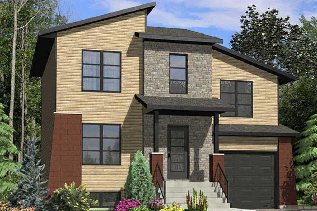 House plan exterior: two-story modern home with asymmetrical gables, wood siding, stone accents, and attached garage.