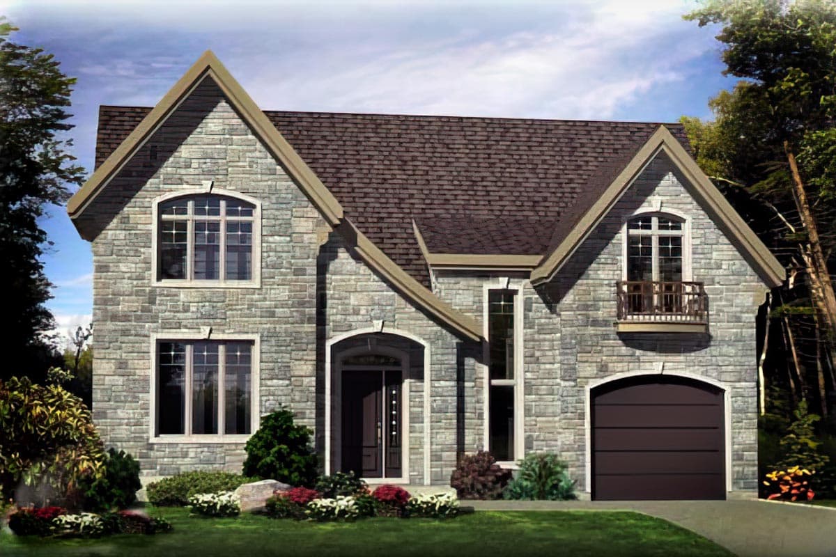 Two-story house plan exterior with stone facade, arched entryway, prominent gables, and attached garage.