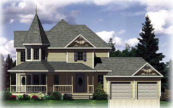 House plan exterior: two-story home with prominent turret, wraparound porch, gable accents, and attached two-car garage.