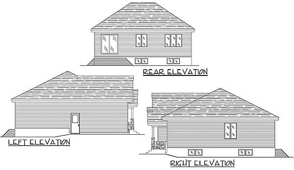 House plan elevation drawings: rear view shows two upper windows and two lower windows; left and right views show a door and varied window placement.