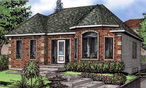 House plan exterior: Single-story brick and siding home with a multi-faceted roofline, prominent bay window, and centered entry.