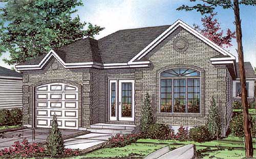 House plan exterior featuring brick facade, arched garage door, double front doors, and a large arched window.