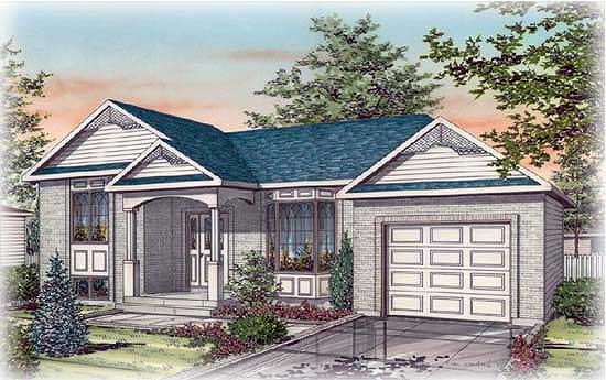 House plan exterior: Ranch style, single-story, with covered porch, bay window, and attached garage.