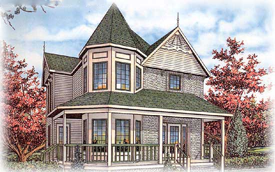 House plan exterior of a two-story Victorian-style house with a turret, wrap-around porch, and decorative gable.