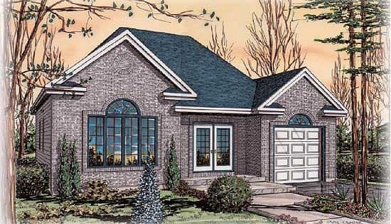 House plan exterior of a one-story brick home with a prominent arched window, double doors, and a front-facing garage.