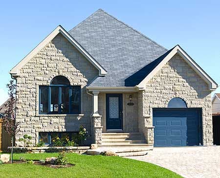 House plan exterior shows a two-story home with stone facade, arched window, covered entry, and attached garage.