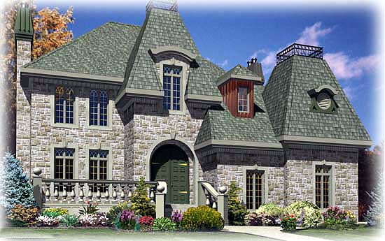 House plan exterior rendering featuring a stone facade, multiple steeply pitched green roofs, arched entryway, and a decorative balcony.