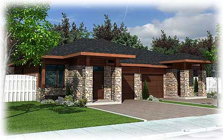 House plan exterior with stone accents, deep overhangs, and two garage doors.