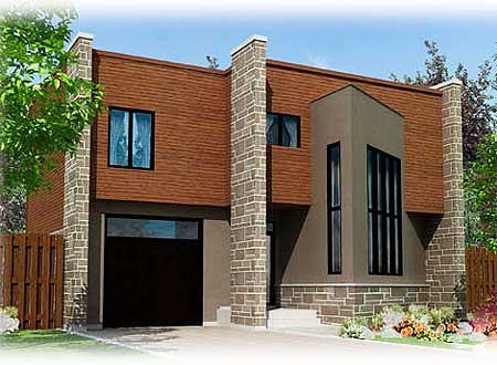Two-story house plan exterior with brick accents, wood siding, garage, and modern angular entrance.