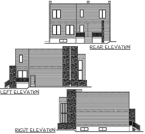 Architectural drawing showing rear, left, and right elevations of a three-story house plan with horizontal siding and stone accents.