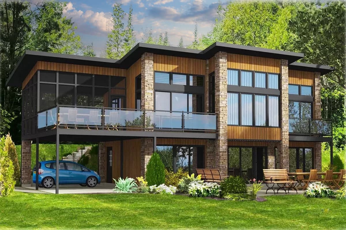 Modern house plan exterior with stacked stone, wood siding, flat roof, and cantilevered balconies.