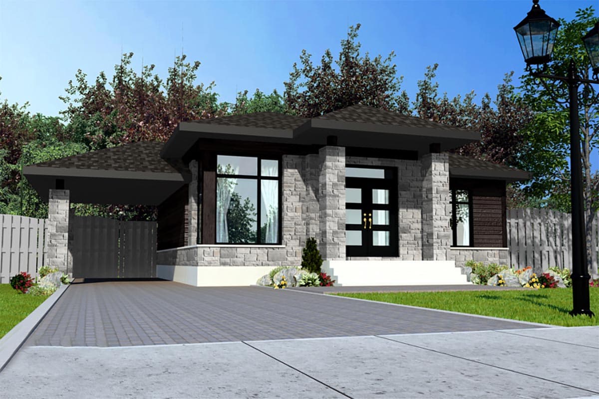 Modern house plan exterior with stone facade, carport, large windows, and a striking entryway with glass panels.