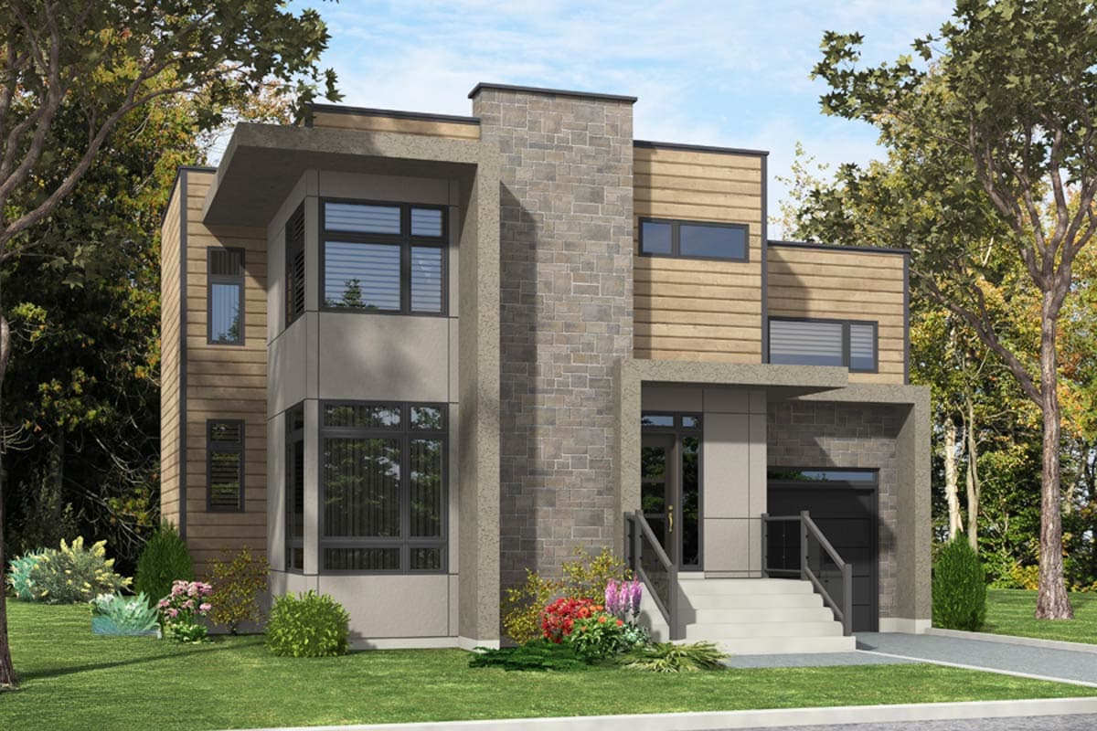 House plan exterior: Modern, two-story home with wood siding, stone accents, multiple window types, covered entry, and integrated garage.