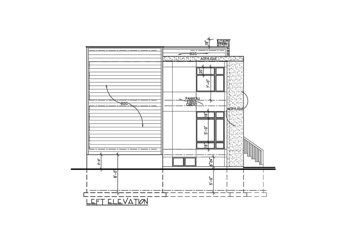 Left elevation house plan showing wood siding, acrylic panels, stone veneer, and multiple windows.