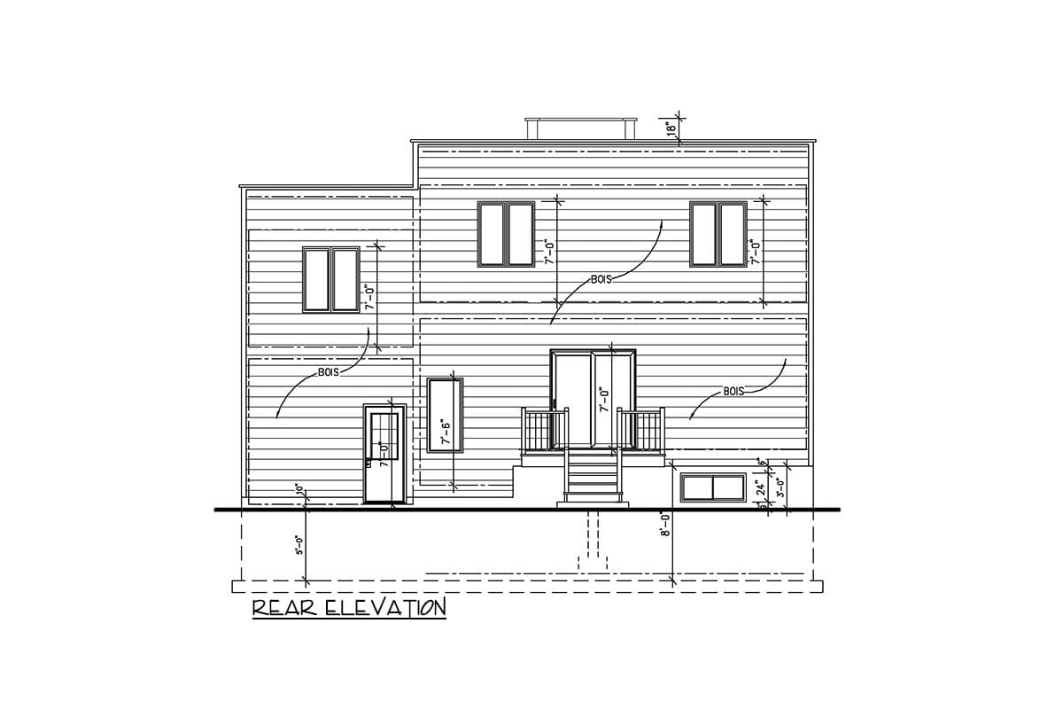 Rear elevation drawing of a two-story house plan with horizontal siding, multiple windows, and a central double door with stairs.