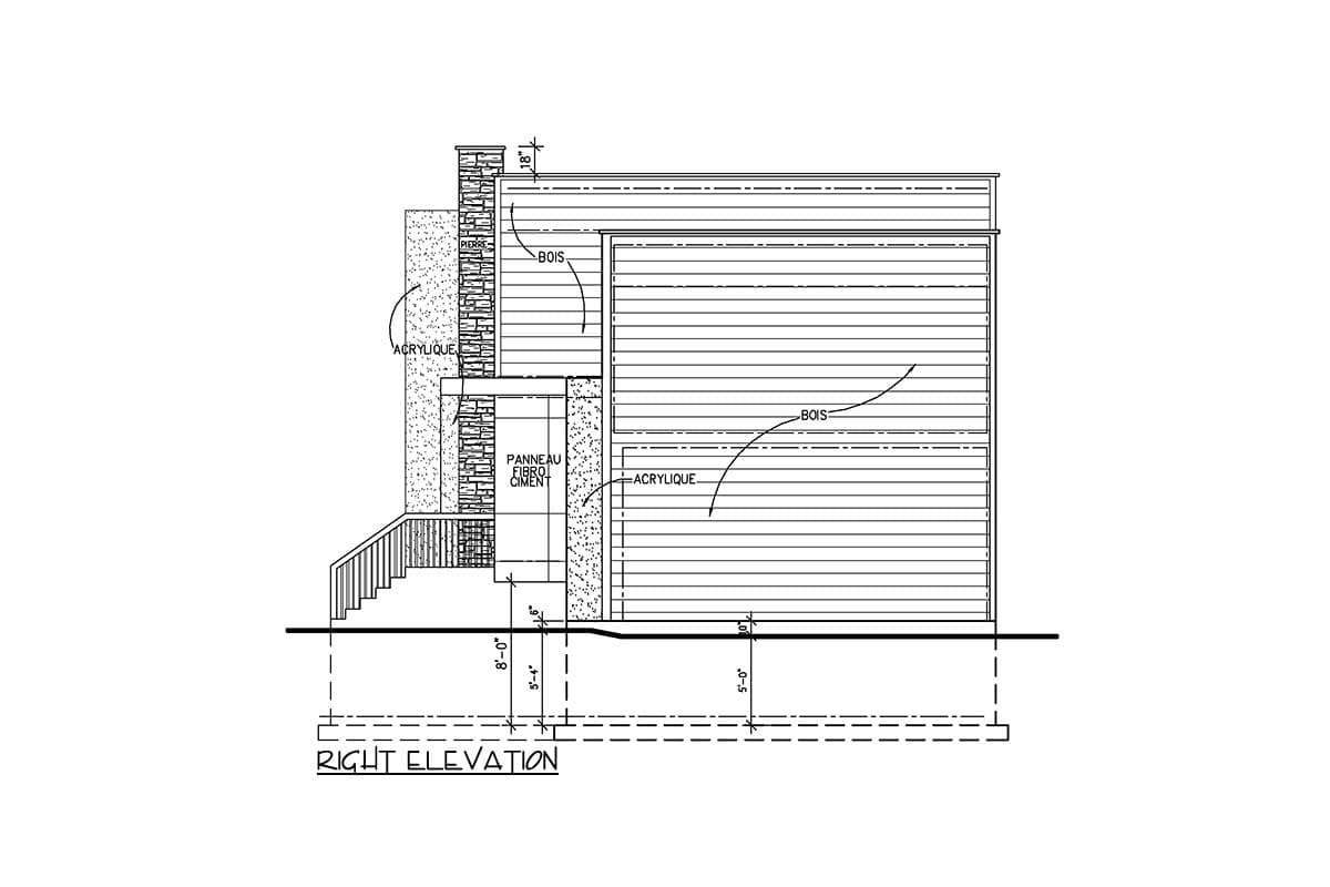 Right elevation drawing showing wood, acrylic, fibrocement panel siding, and a stone chimney.