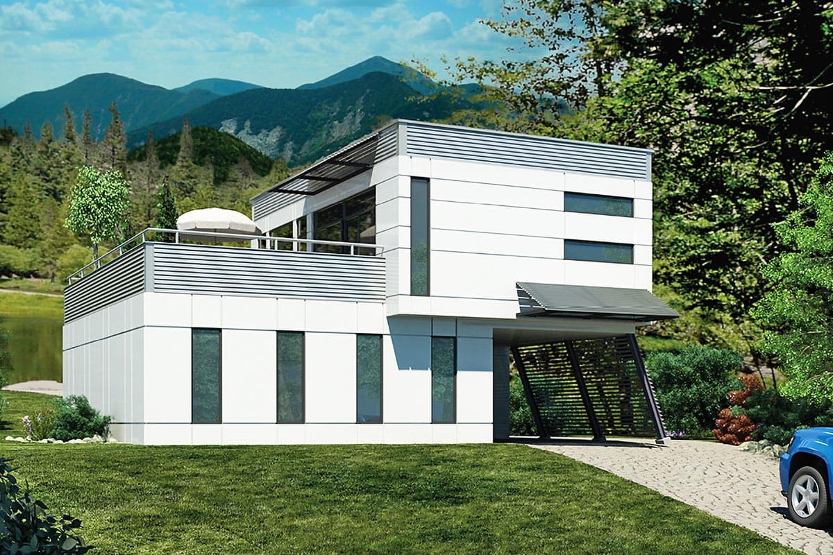 House plan exterior with two stories. Modern style with flat roof and horizontal siding. Features include a covered carport and a second-story deck.