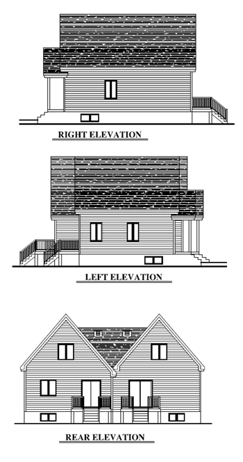 Architectural house plan drawings: right, left, and rear elevations of a two-story duplex with gabled roofs and rear balconies.