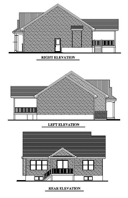 House plan elevations: right, left, and rear views showing gabled roof, siding, porches, and windows.