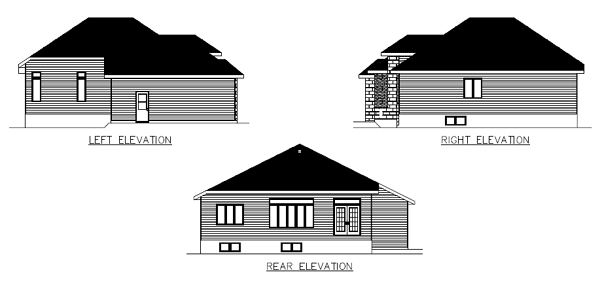 Architectural house plan elevations showing left, right, and rear views with hip rooflines and horizontal siding.