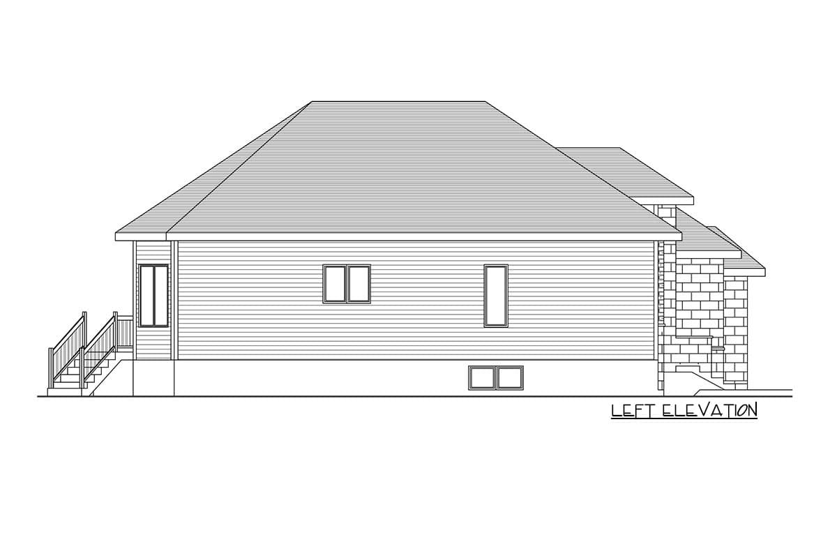 Left elevation drawing of a house plan showing horizontal siding, a sloped roof, windows, and a stone facade detail.