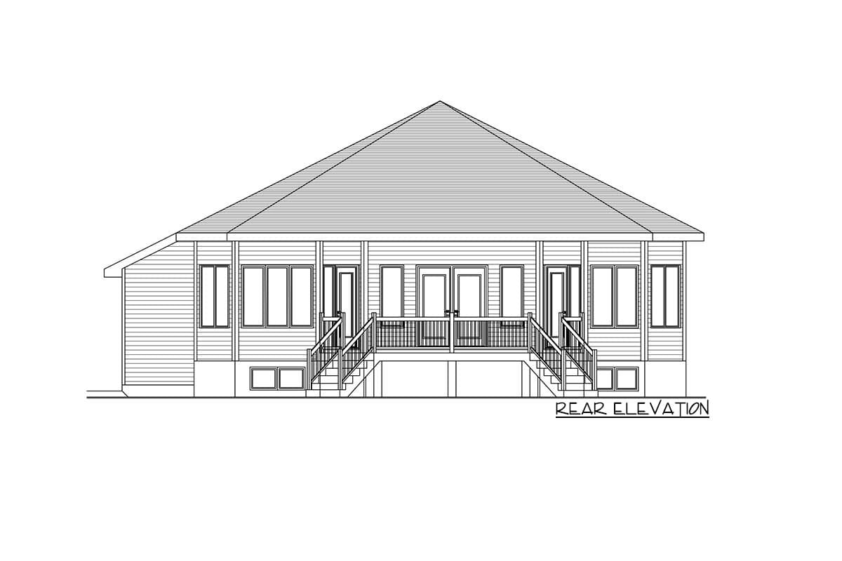 Rear elevation house plan. Features a hip roof, central double doors, and two side decks with stairs.