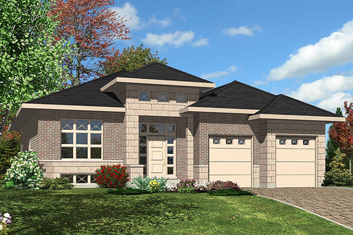 House plan exterior shows a two-story Modern Farmhouse with a covered entry, gable roof, and attached two-car garage.