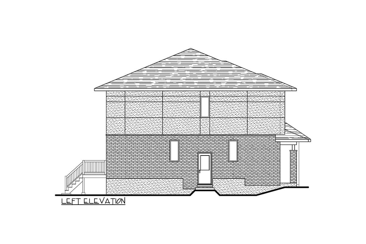Left elevation drawing of a two-story house plan with brick lower level, siding upper level, gabled roof, and side entrance with stairs.