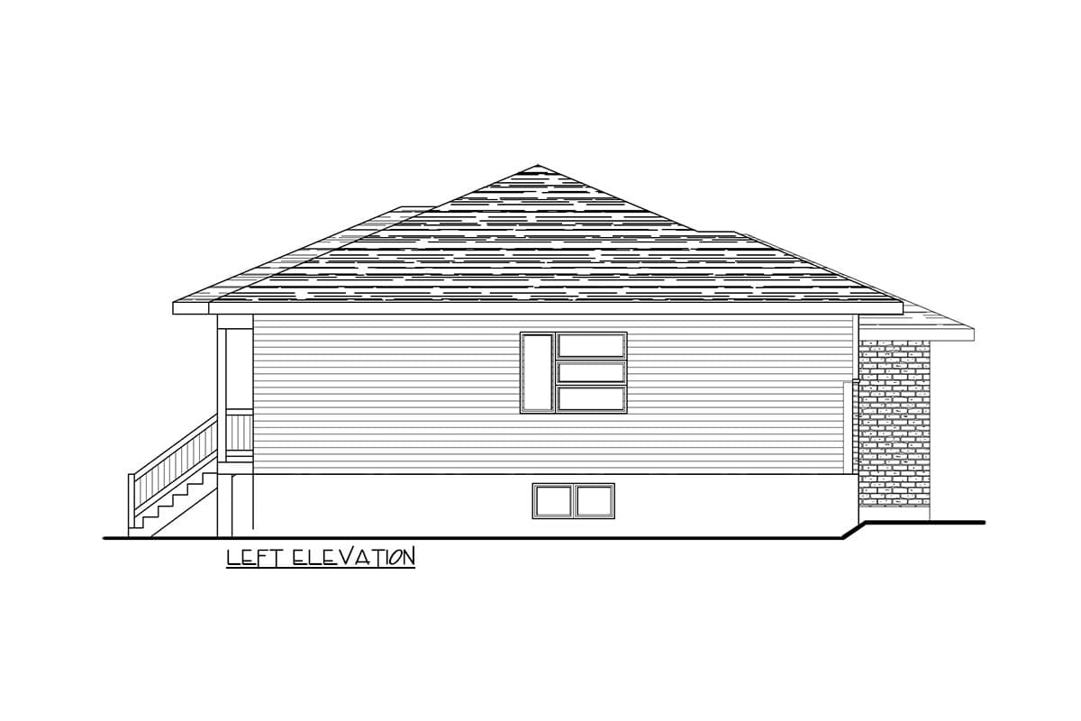 Left elevation house plan drawing showing siding, brick accents, stairs, and two window styles.