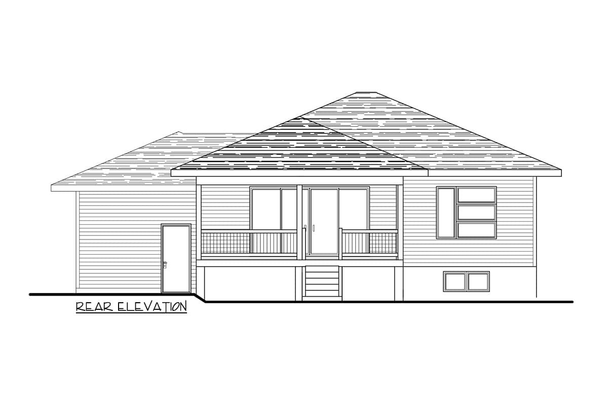 Rear elevation drawing of a single-story house with a covered porch, sliding glass doors, and horizontal siding.