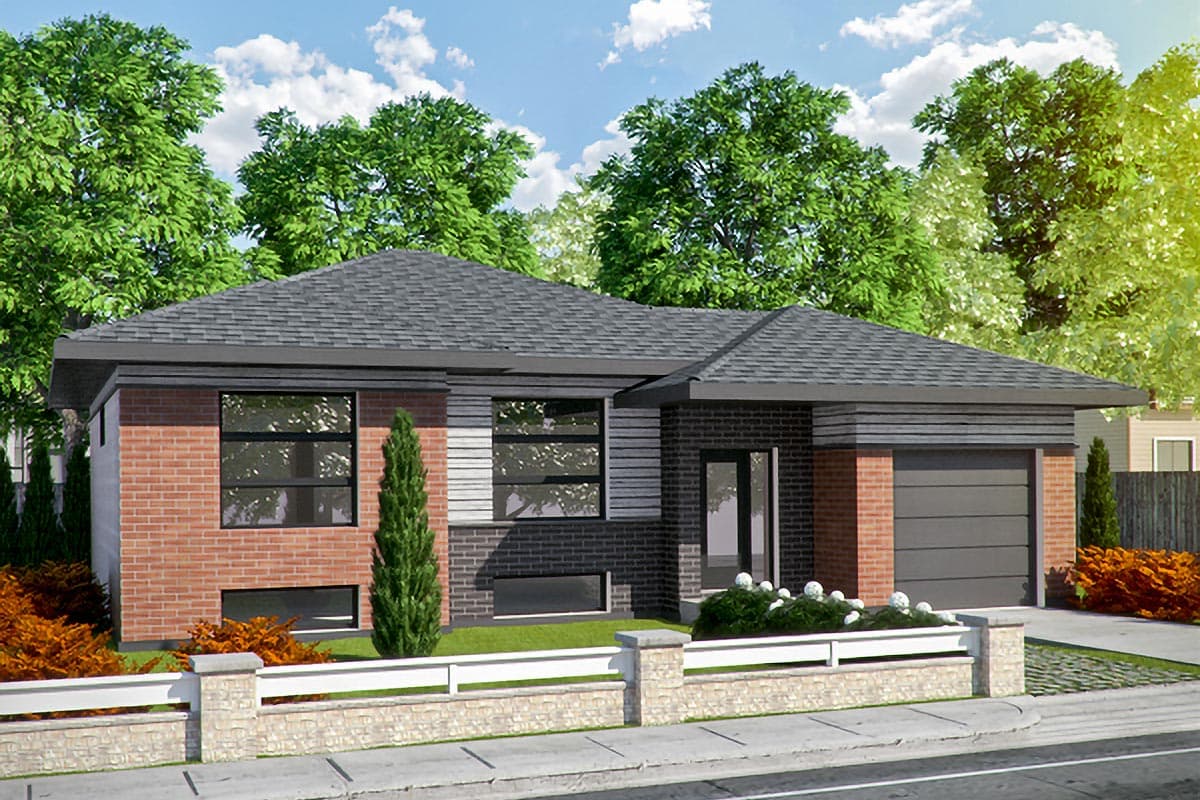 Modern single-story house plan exterior with brick and dark siding, a sloped roof, and a two-car garage.