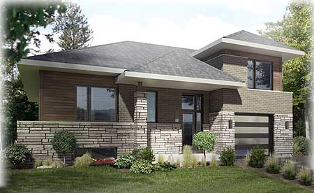 House plan exterior: Modern design with brick and stone facade, two stories, flat rooflines, and a horizontal striped garage door.