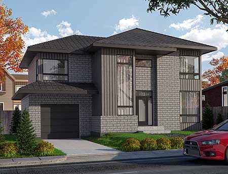 Modern two-story house plan exterior with brick and vertical siding, large windows, and attached garage.