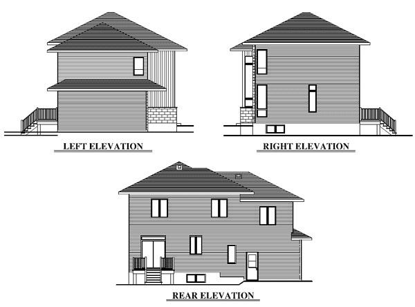 House plan elevations showing left, right, and rear views of a two-story house with a gable roof, siding, and brick foundation.